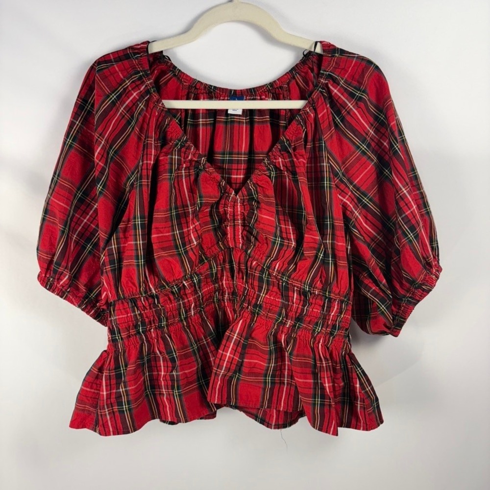 Old Navy Red Plaid Smocked Peplum Puff Sleeve Top Blouse Cottagecore L